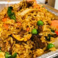 (L) Basil Fried Rice · Stir-fried rice with minced hot peppers, egg, String beans, carrots, onions, peas, red and g...