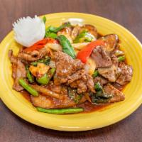 (L) Spicy Eggplant · Stir-fried with eggplant, onions, red and green pepper, green bean, mushroom and basil in sp...