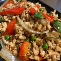 Gapow Chicken · Sauteed ground chicken with mince hot peppers, onions red& green peppers, garlic, peas and b...