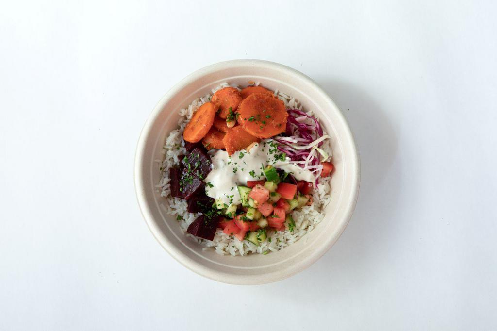 Beets & Carrots Bowl · Our marinated beets and Moroccan carrots served over a base of your choice: creamy hummus, turmeric pearl couscous, toasted cumin rice or romaine lettuce (or choose a combo of 2 bases). Comes with Israeli salad, pickled cabbage & tahini sauce. Add toppings to customize it.