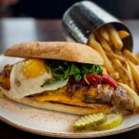 Butcher's Steak Sandwich · 8oz USDA Prime strip steak + caramelized onions + garlic aioli + arugula + cheddar cheese + ...