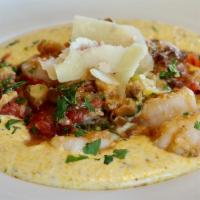 Chicago-Style Shrimp & Grits · Argentinian shrimp + Wapsie Valley gouda grits + Italian sausage + giardiniera + roasted tom...