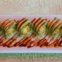 8 Pieces Pink Lady Roll · Spicy crab mix, tempura flakes, cream cheese, BBQ eel and avocado inside with soy paper, wit...