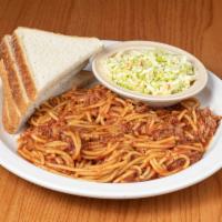 Bar-B-Q Spaghetti Dinner · BBQ pork in a mixture of BBQ sauce and spices, spaghetti pasta, side order of slaw and bread.