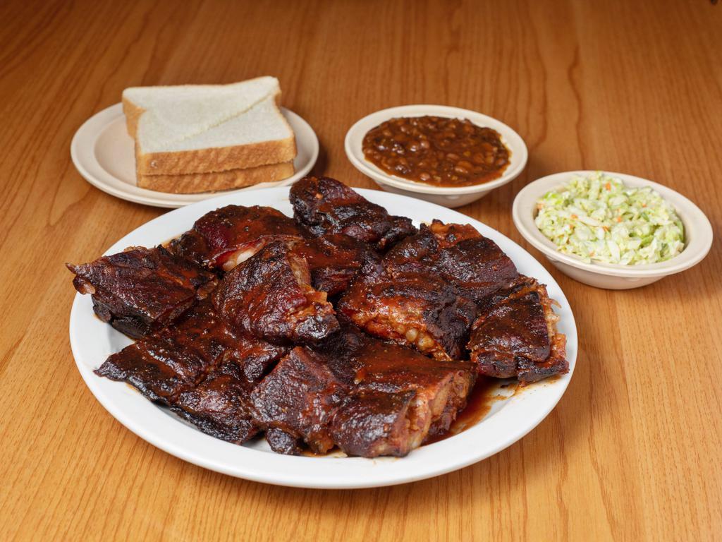 Rib Tips Dinner · Only for the big appetite! Plate full of tips! served with beans, slaw or potato salad and bread.