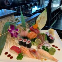 Sushi & Sashimi Combo · 10 pieces of chef’s choice assorted sashimi, 4 pieces sushi, and 1 tuna roll or California r...