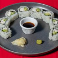R1. California Roll · 1 California roll cut into 8 pieces, the roll contains cucumber, avocado, and imitation crab.