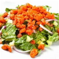 Buffalo Chicken Salad · Fresh romaine lettuce, tomatoes, red onions, and cucumbers topped with our delicious diced c...