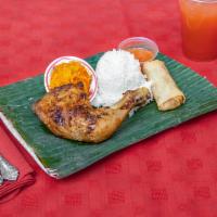 Chicken Inasal and Veggie Eggroll · Grilled marinated chicken leg quarters (sinamak sauce) served with rice