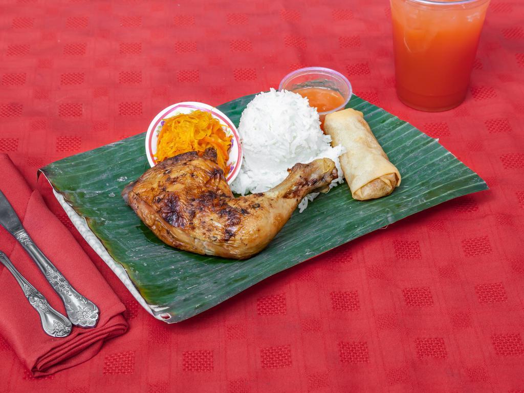 Chicken Inasal and Veggie Eggroll · Grilled marinated chicken leg quarters (sinamak sauce) served with rice