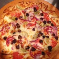 Greek Pizza · No sauce. Feta cheese, Kalamata olives, tomatoes, red onions and artichoke.