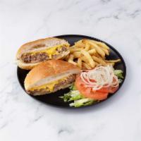 Cheeseburger · Served with lettuce, tomatoes and onions. Served with side order of french fries.
