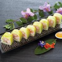 Angel Roll · Spicy lobster, shrimp and banana tempura, wrap with soy paper and mango sauce.