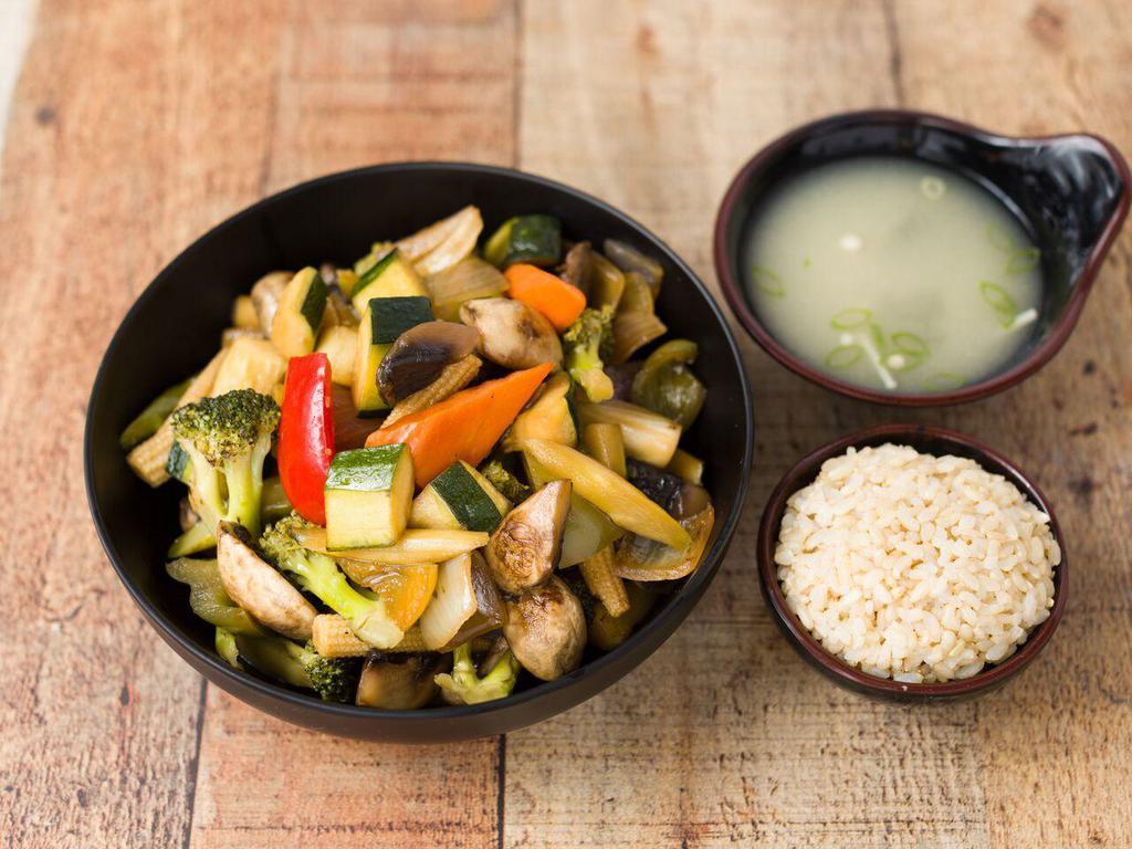 Vegetable Teriyaki · Served with rice and miso soup or salad.