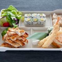 Bento Boxes · Served with rice, miso soup, salad, California roll, shumai, fruit and choice of 2 items.
