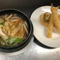 Nabeyaki Udon · Chicken, mixed vegetable and noodle soup with shrimp tempura on top. Served with miso soup o...