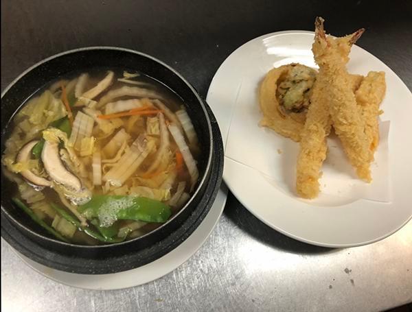Nabeyaki Udon · Chicken, mixed vegetable and noodle soup with shrimp tempura on top. Served with miso soup or salad.