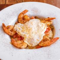 Mama's Shrimp and Grits · Rich, creamy & buttery grits topped with shrimp, bell peppers, onions & tomatoes. Topped wit...