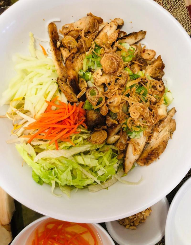 V3. Grilled Chicken Vermicelli - Bún Gà Nướng · Grilled Lemongrass chicken served with sweet fish sauce on the side