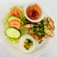 R4. Grilled Lemongrass Chicken with White rice - Cơm gà nướng · Slices of grilled chicken breast with house sauce. 