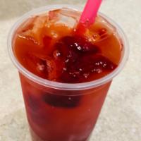 T2. Strawberry Field Forever Tea · Strawberry, daily brewed organic tea, ice and syrup.