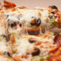 Pepperoni Deluxe Pizza Thin Crust · Pepperoni, mushroom, onion, green peppers and black olives.