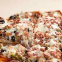 The Beast Pizza Thin Crust · Sausage, pepperoni, Canadian bacon, ground beef, mushrooms, onions, green peppers, black oli...