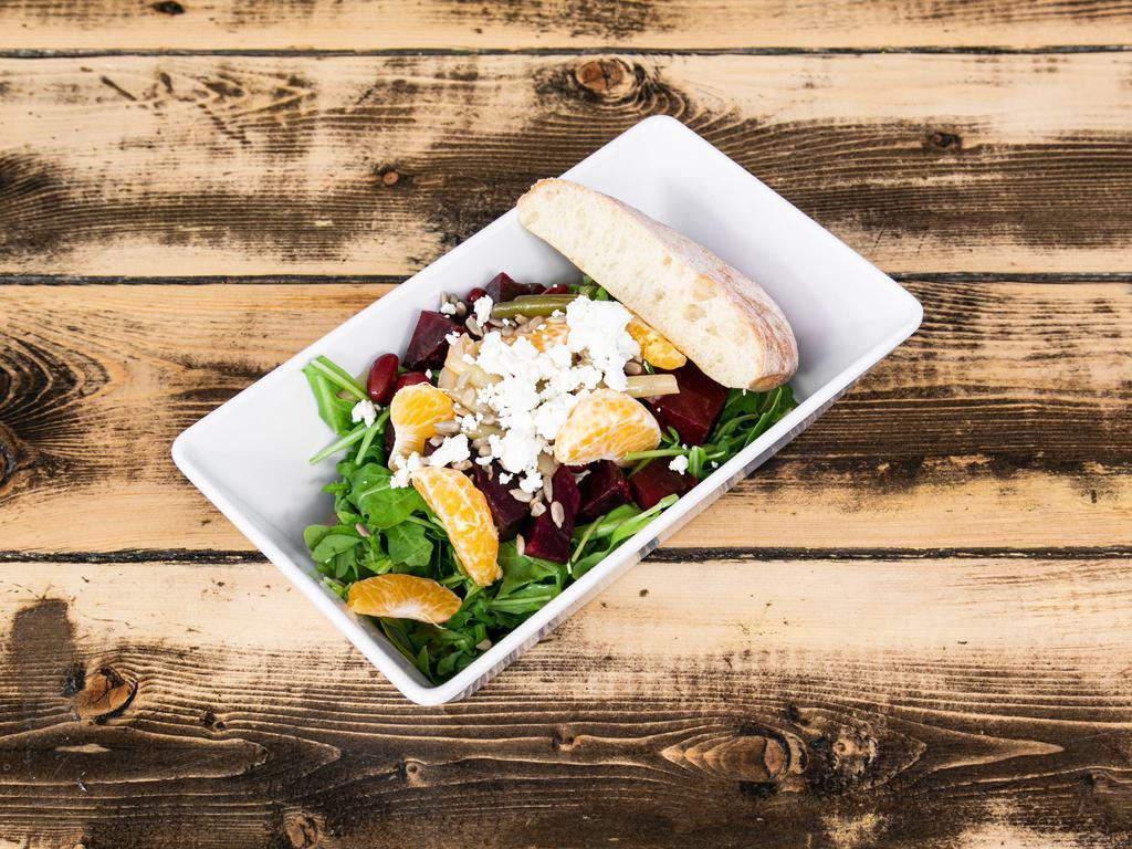 Beet & Goat Cheese Salad · Spinach, arugula, Red beets, tomato & sunflowers seed. best with honey mustard dressing