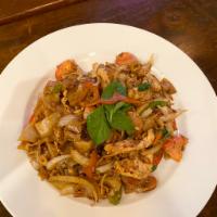 Drunken Noodle (Pad Kee Mao) · Wide rice noodle cooked with egg, bell pepper, tomato, yellow onion, basil in housemade brow...