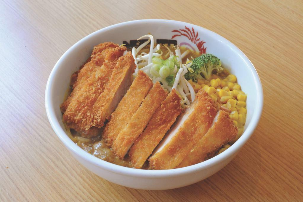 Chicken Cutlet Curry Ramen · Curry-based broth with bean sprouts, marinated egg, broccoli, corn, scallion, fishcake, and breaded chicken cutlet.