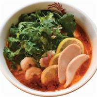 Cilantro Bomb (Tom Yum Ramen) · Spicy Tom Yum-based broth with cilantro, roasted chicken, shrimp, lemon, bean sprouts, and f...