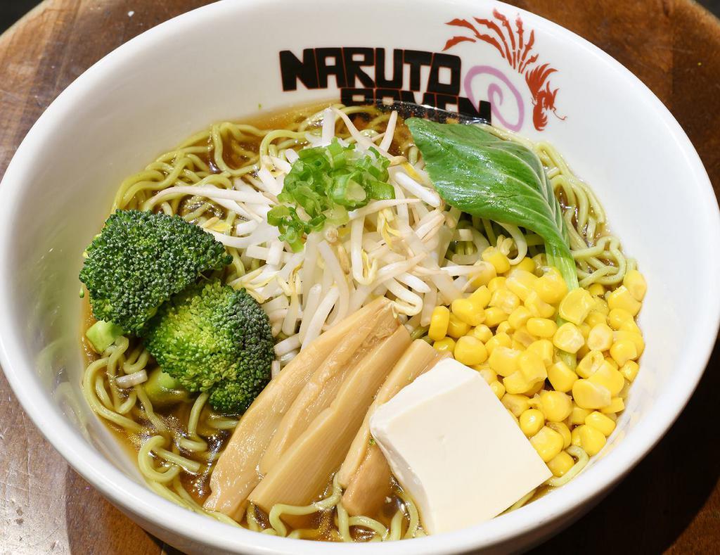 Veggie Ramen (Shoyu) · Shoyu (soy) based broth. Served with broccoli, bean sprouts, scallion, bok choy, bamboo shoots, corn and tofu. Also served with spinach noodles.