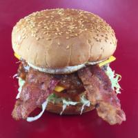 7. Bacon Chili Burger · Our bacon chili burger always cook fresh, include onion, lettuce, tomato, home made chili an...