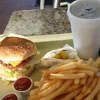 1. Cheese Burger Special · A real juicy burger, nice golden yellow french fries and one 12 oz can soda. Comes with onio...