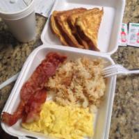 4. 2 Eggs, Hash Brown, Toast and Choice of Meat Breakfast · 