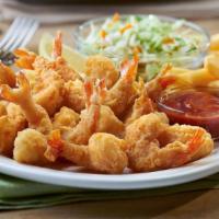 Fried Shrimp · Beer battered shrimps served with fries, onion rings and coleslaw.