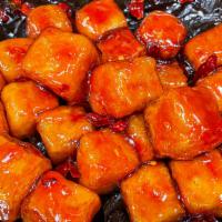 V13. Orange Crispy Tofu · Hot and spicy.