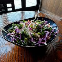 Kale Apple Salad · Lightly Blanched Kale, Shredded Carrots and Cabbage, Apples Julienne, Pickled shallot, Tofu-...