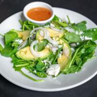 Spinach Avocado and Feta Salad · Feta cheese, avocado, and red onions over a bed of spinach. Served with a roasted red pepper...