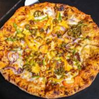 The Mexican Pizza · Ground chorizo, mixed peppers, onions, jalapenos, cheddar & mozzarella cheese, with our home...