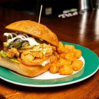 Fish Sandwich · Crispy Haddock, slaw, lettuce and tomato, grilled jalapeno, pickle, mayo on Ciabatta roll. S...