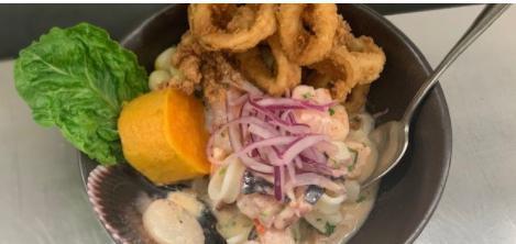 Ceviche Carretillero Mixto · Fresh seafood mix marinated in lime juice with aji limo and rocoto, garlic, cilantro, red onions, and fried calamari on top.
