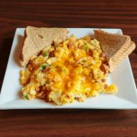 Mexican Scrambler · Chorizo, onions. peppers jalapenos, cheddar cheese topped with salsa and choice of side. Spi...