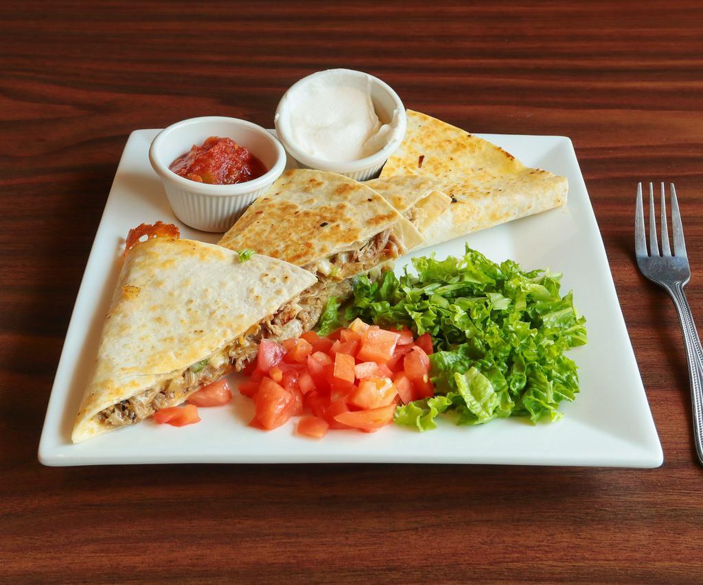 Carnitas Quesadillas · Pulled pork, pepper jack cheese, jalapenos, onions, topped with
lettuce. tomato, sour cream, salsa and scallions.