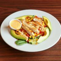 The Sibri's Avocado with Chicken Salad · Mixed greens, red onion, roasted garlic corn, red roasted pepper, cucumber and avocado with ...