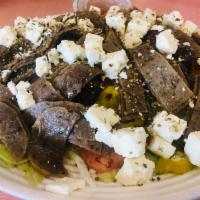 Greek Salad with Gyro Meat · Lamb Gyro Meat, Greek Marinated Black Olives, Feta Cheese, Peppers, Onion, Tomato, Oregano, ...
