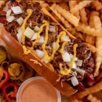 Chili Dog · 1/4 lb. grilled all beef frank, house made chili, American and cheddar cheese and onions.