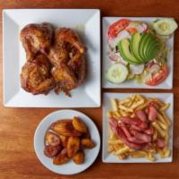 #2. Pollo, Salchipapa, Ensalada y Maduros Combo · Whole chicken, french fries with hot dogs, avocado salad and sweet plantains.