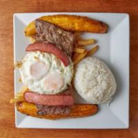Bisteck a lo Pobre · Steak, egg, sweet plantains, hot dog, french fries and rice.