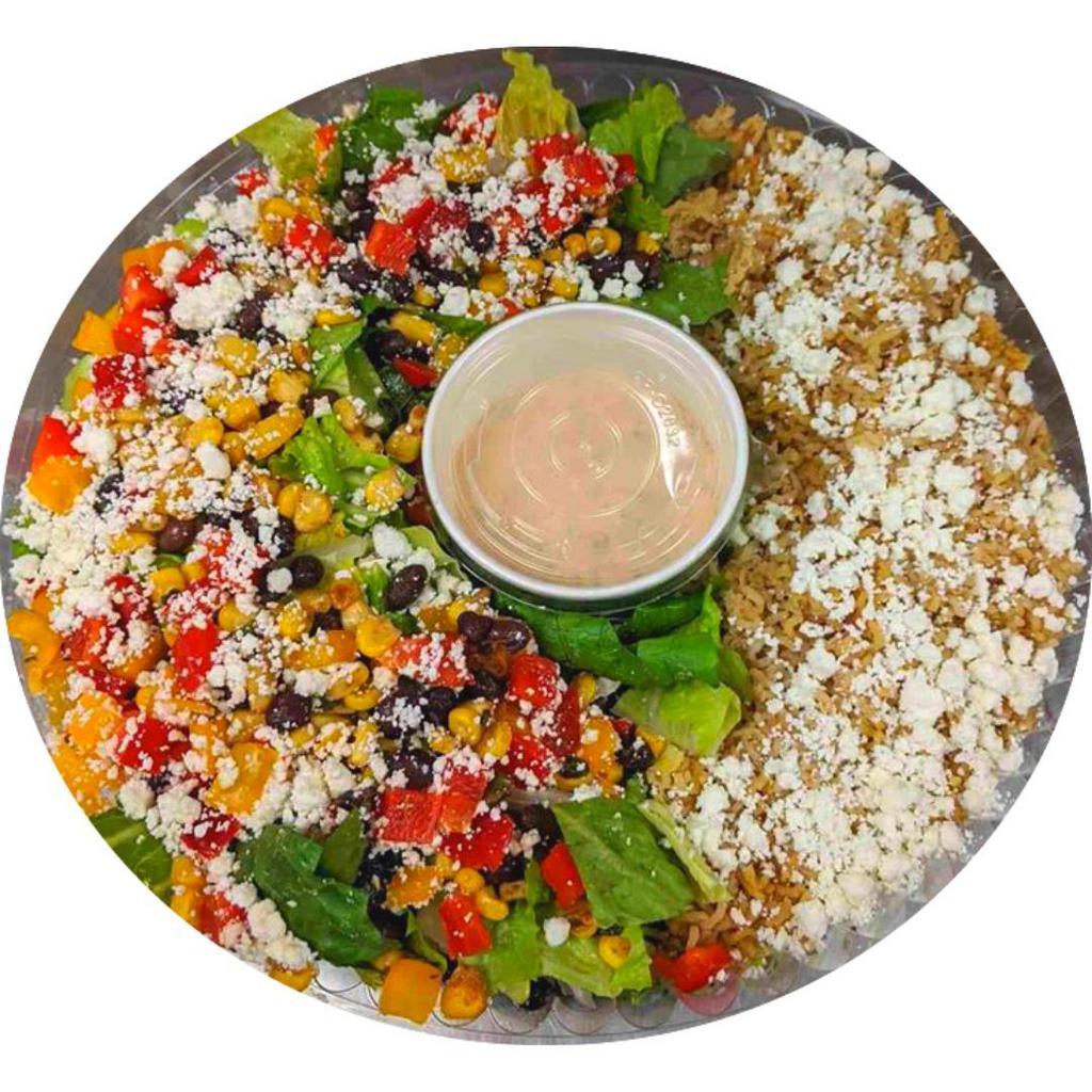 Mexicana Bowl · Romaine, basmati rice, black bean corn salsa, feta, red and yellow peppers, chipotle ranch dressing.